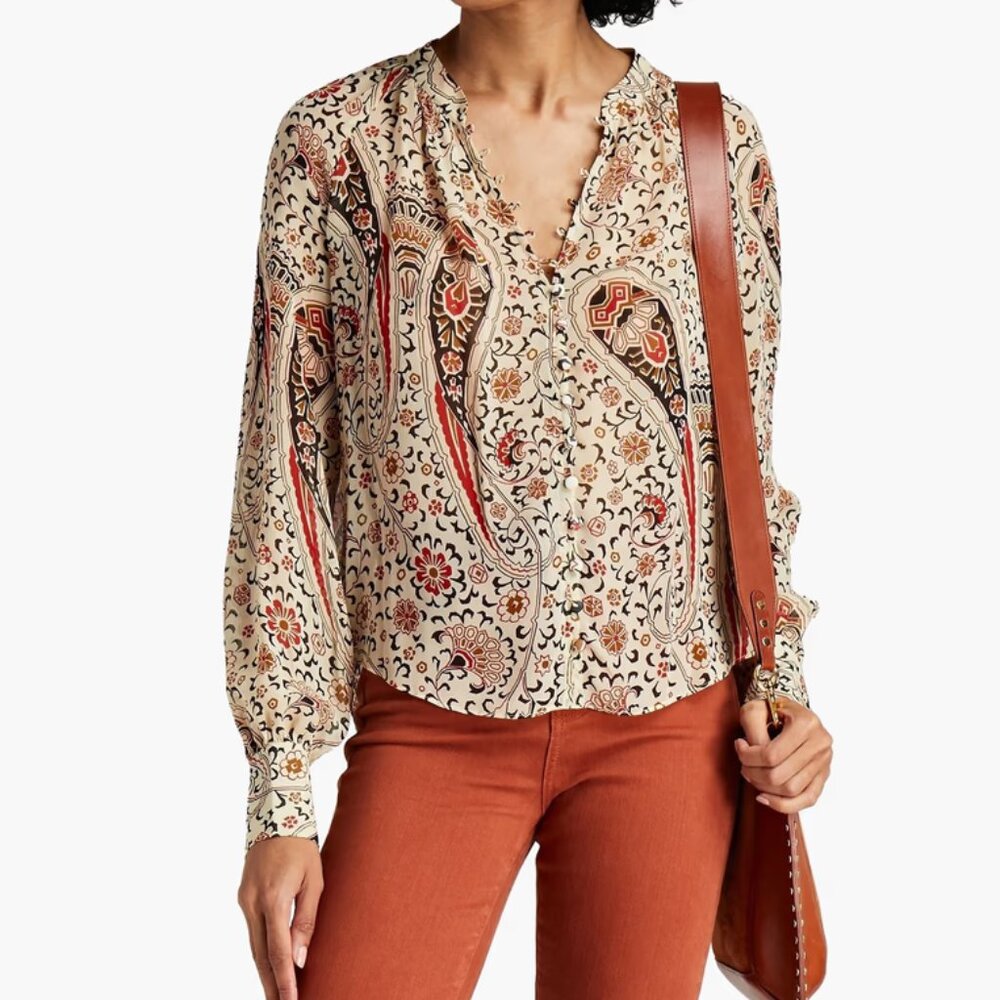 Veronica Beard Marion 100% Silk Blouse Womens 0 Oat Paisley Long Sleeve Top $358